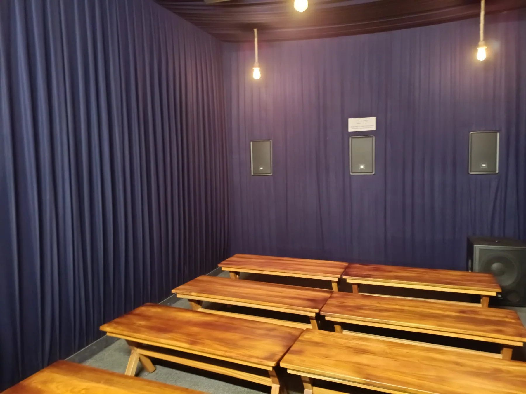 Screening-room seating and wall-mounted speakers