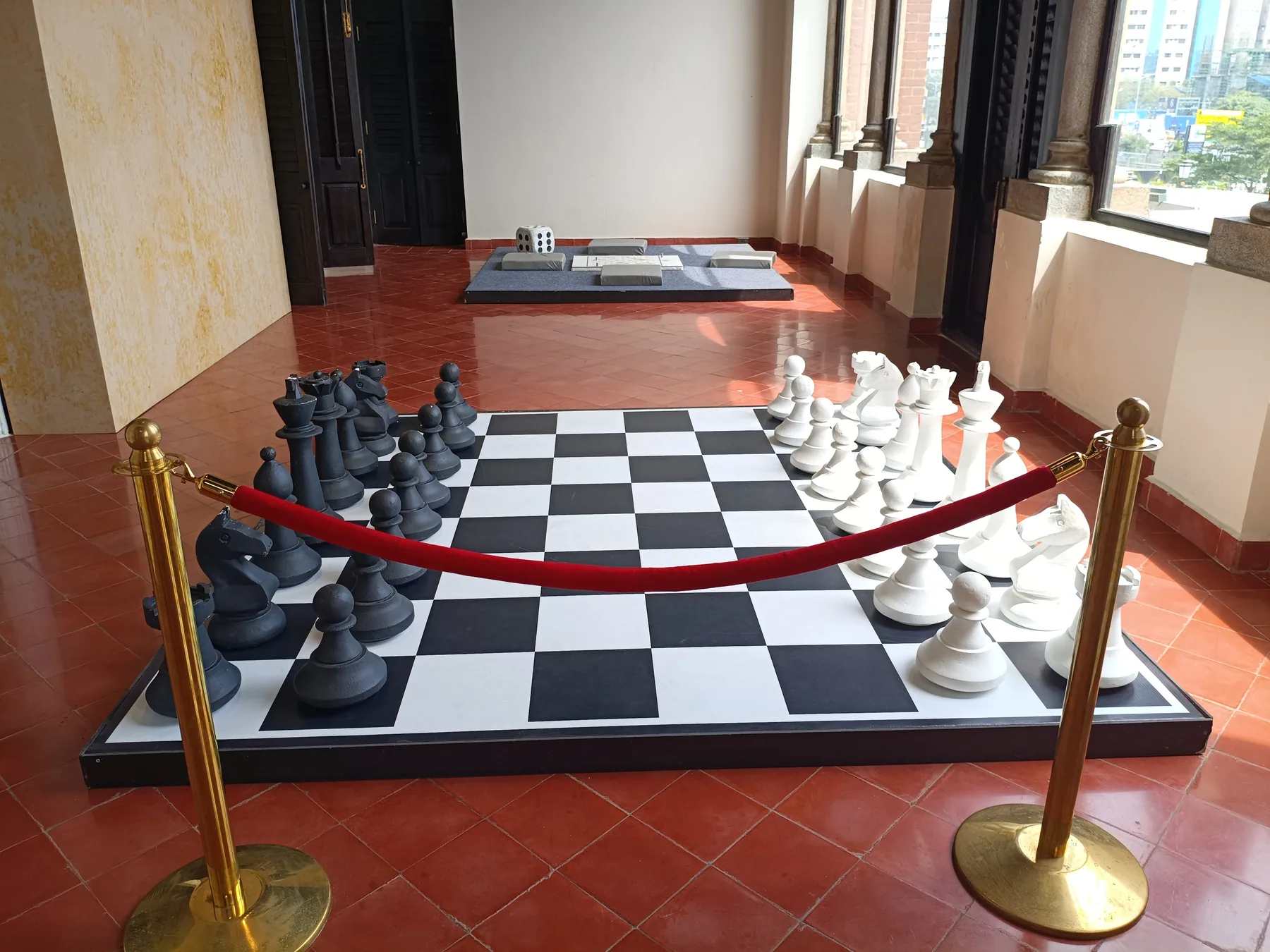 Large chess set on a raised exhibit table