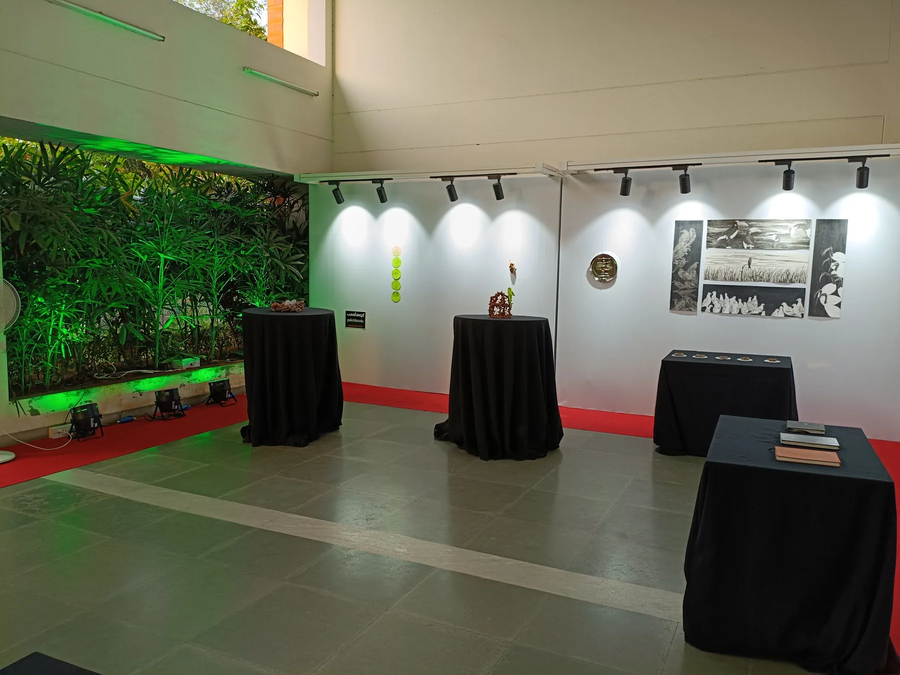Freestanding art-display walls beside a planted wall